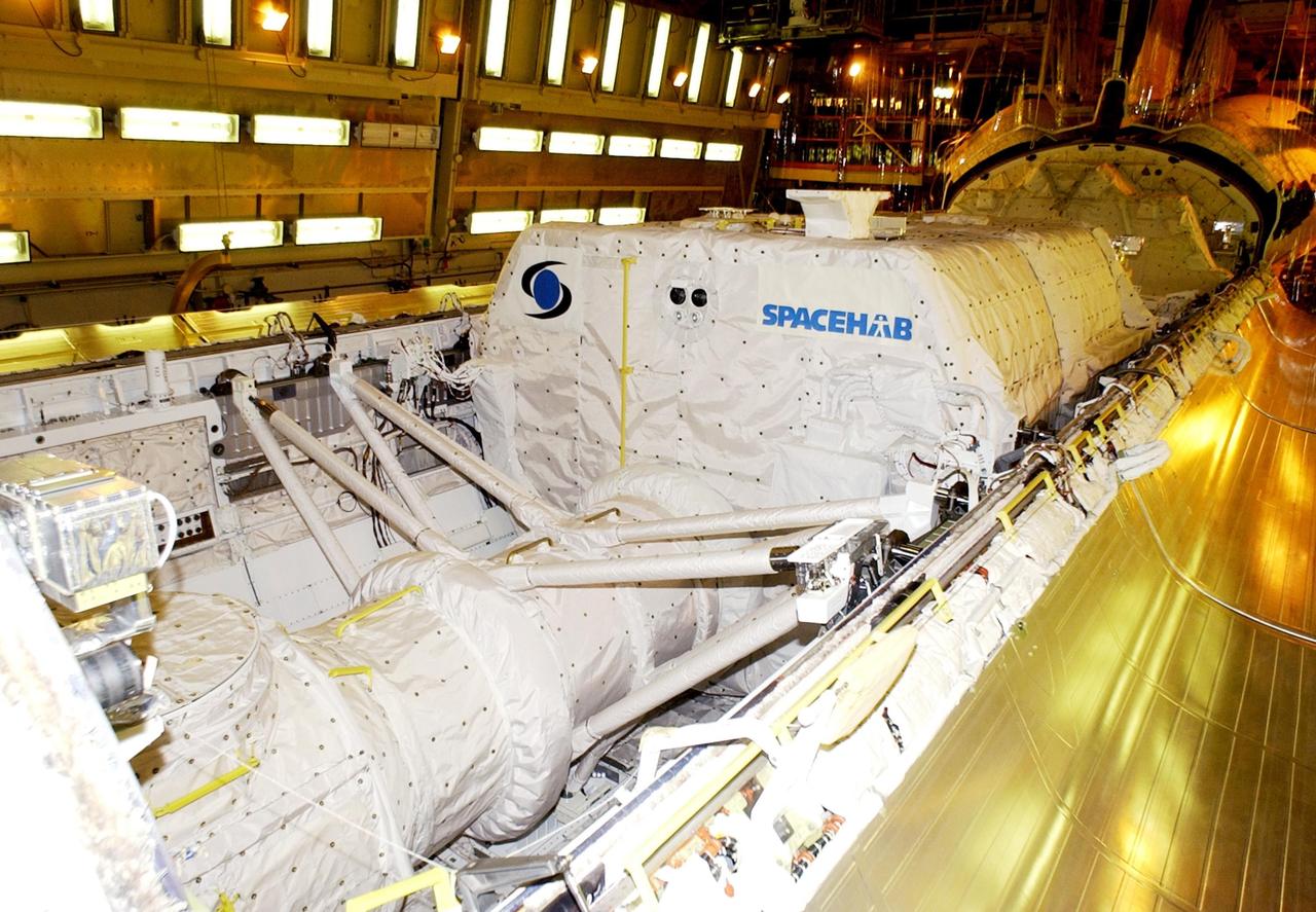 KENNEDY SPACE CENTER, FLA. -- Columbia's payload bay doors are ready to be closed for mission STS-107. Installed inside are the Hitchhiker Bridge, a carrier for the Fast Reaction Experiments Enabling Science, Technology, Applications and Research (FREESTAR) that incorporates eight high priority secondary attached shuttle experiments, plus the SHI Research Double Module (SHI/RDM), also known as SPACEHAB. STS-107 is scheduled for launch July 19, 2001