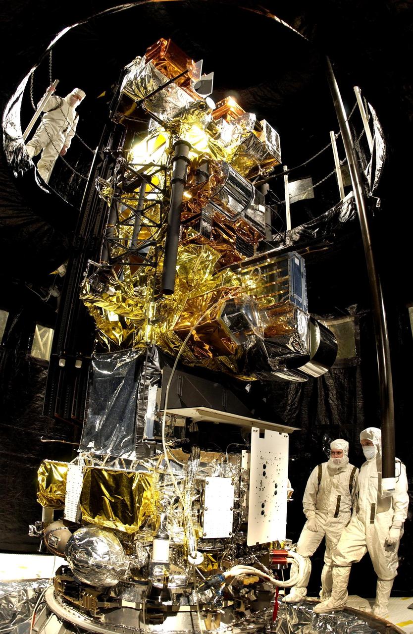 VANDENBERG AFB, CALIF. -- The Lockheed Martin Missiles & Space National Oceanic and Atmospheric Administration's NOAA-M satellite is prepared for launch at Vandenberg AFB, Calif. NOAA-M is a polar-orbiting Earth environmental observation satellite that will provide global data to NOAA's short- and long-range weather forecasting systems. Launch of the NOAA-M aboard a Titan II rocket is scheduled for June 24, 2002, from VAFB