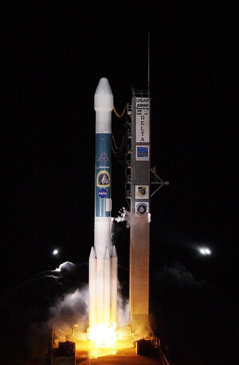 KENNEDY SPACE CENTER, FLA. -- NASA's Comet Nucleus Tour (CONTOUR) spacecraft successfully launches at 2:47 a.m. EDT aboard a Boeing Delta II rocket from Cape Canaveral Air Force Station, Fla. Designed and built by The Johns Hopkins University Applied Physics Laboratory (APL) in Laurel, Md., the 2,138-pound (970-kilogram) spacecraft was placed into an elliptical Earth orbit 63 minutes after launch. About 19 minutes later the mission operations team at APL acquired a signal from the spacecraft through the Deep Space Network antenna station in Goldstone, Calif., and by 5:45 a.m. EDT Mission Director Dr. Robert W. Farquhar of the Applied Physics Lab confirmed the craft was operating normally and ready to carry out its early orbit maneuvers. CONTOUR will orbit Earth until Aug. 15, when it is scheduled to fire its main engine and enter a comet-chasing orbit around the sun. The mission's flexible four-year plan includes encounters with comets Encke (Nov. 12, 2003) and Schwassmann-Wachmann 3 (June 19, 2006), though it can add an encounter with a "new" and scientifically valuable comet from the outer solar system, should one be discovered in time for CONTOUR to fly past it. CONTOUR's four scientific instruments will take detailed pictures and measure the chemical makeup of each comet's nucleus -- a chunk of ice and rock -- while analyzing the surrounding gas and dust.