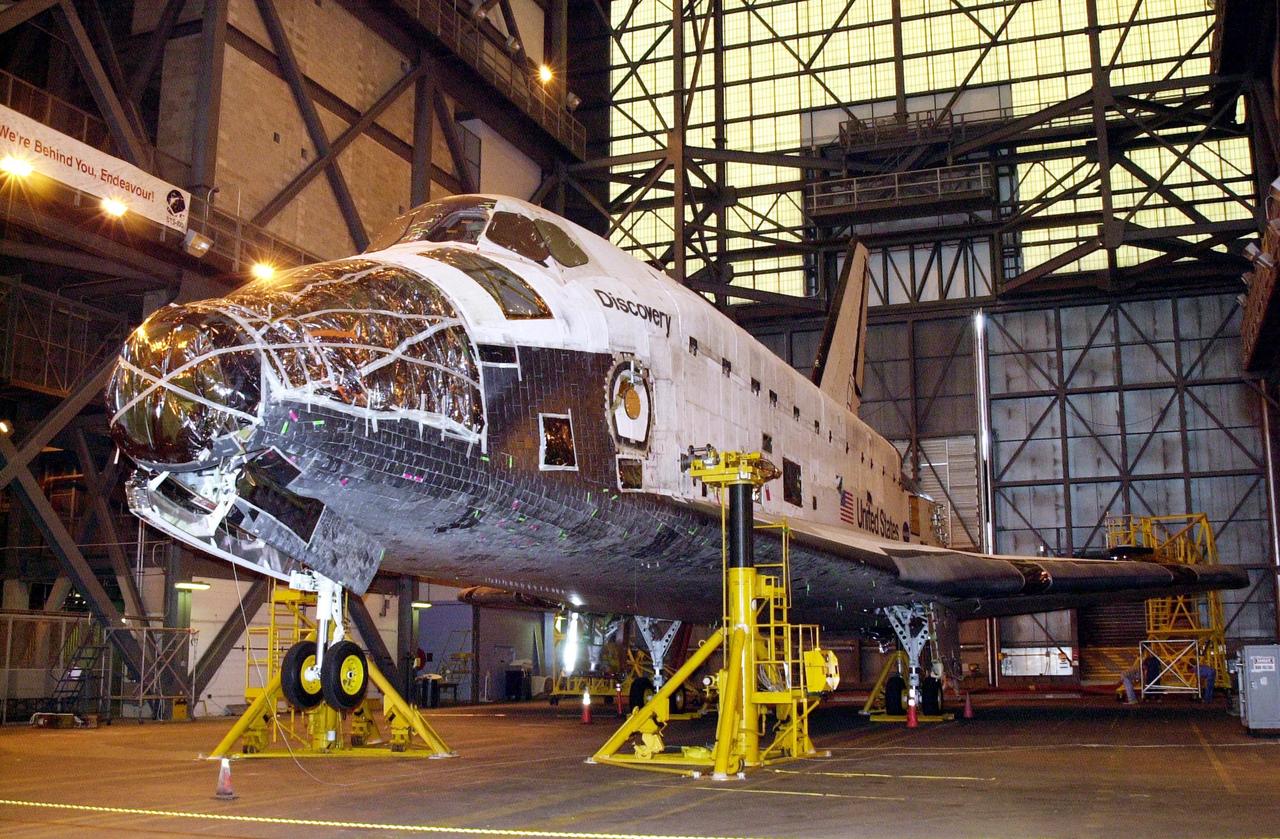 KENNEDY SPACE CENTER, FLA. -- Discovery (shown here) has been inactive since its last mission that ended Aug. 22, 2001. The orbiter has spent a year awaiting the start of its Orbiter Major Modification (OMM) period that is scheduled to begin at the Kennedy Space Center late this summer.