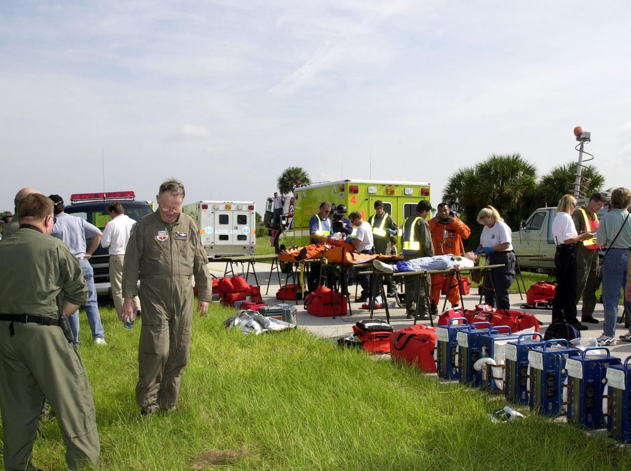 KENNEDY SPACE CENTER, FLA. - "Astronauts" were safely and successfully recovered from a "downed" Space Shuttle in a Mode VII contingency simulation led by Don Hammel, NASA Landing and Recovery Director. KSC Fire/Rescue and Emergency Medical workers, along with Johnson Space Center and Patrick Air Force Base personnel, participated in the drill. Mode simulations are held periodically at KSC to ensure contingency response forces are well prepared to respond to a wide variety of potential emergency situations.