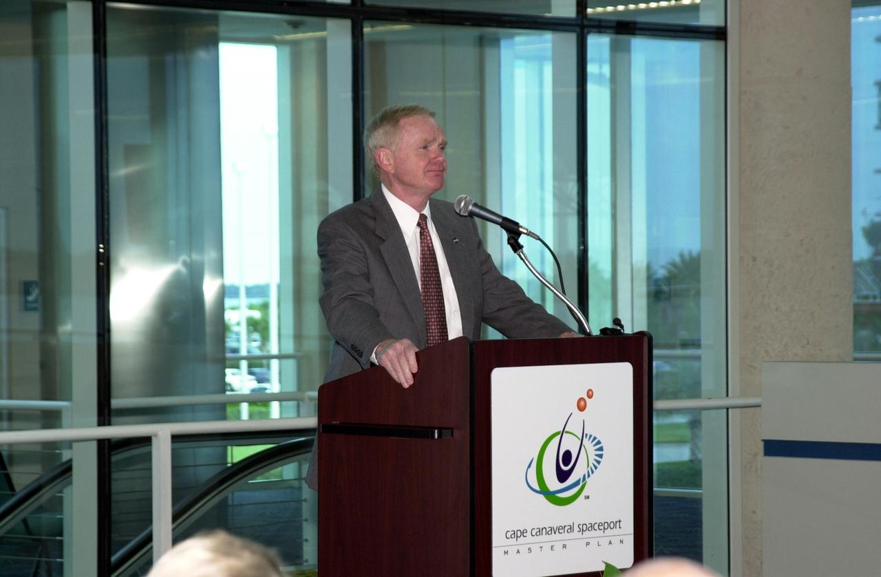 KENNEDY SPACE CENTER, FLA. --  Center Director Roy Bridges addresses guests at the master plan signing ceremony at Port Canaveral Terminal 10.  Also attending were Canaveral National Seashore Superintendent Robert Newkirk, Canaveral Port Authority Executive Director Malcolm "Mac" McLouth, KSC Director Roy Bridges Jr., U.S. Rep. Dave Weldon, U.S. Sen. Bill Nelson, 45th Space Wing Commander Gregory Pavlovich, U.S. Fish & Wildlife Services Refuge Manager Ron Hight, Naval Ordnance Test Unit Commanding Officer William Borger, and Florida Space Authority Executive Director Ed Gormel. The plan represents interagency cooperation between the leadership group's  agencies and the U.S. Fish and Wildlife Service, the National Park Service and U.S. Navy.  Joining them in developing a vision of the Spaceport's future have been aerospace educators, researchers, and businesses, along with representatives from local, state and national government.