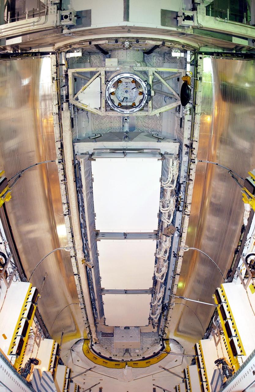 KENNEDY SPACE CENTER, FLA. -- The payload for mission STS-112 rests inside the payload bay of Space Shuttle Atlantis. The Shuttle is carrying the S1 Integrated Truss Structure, the first starboard truss segment, to be attached to the central truss segment, S0, plus the Crew and Equipment Translation Aid (CETA) Cart A. The CETA is the first of two human-powered carts that will ride along the ISS railway, providing mobile work platforms for future spacewalking astronauts. Launch of Atlantis is scheduled for Oct. 2 with a crew of six. The 11-day mission includes three spacewalks.