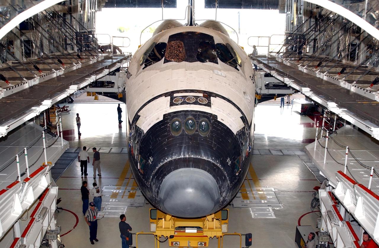 KENNEDY SPACE CENTER, FLA. -- Orbiter Endeavour is ready for rollover to the Vehicle Assembly Building for the next stage of launch preparations. Endeavour is scheduled to launch Nov. 10 on mission STS-113, the 16th assembly flight to the International Space Station. The primary payloads on mission STS-113 are the first port truss segment, P1 Truss and the Crew and Equipment Translation Aid (CETA) Cart B. . Once delivered, the P1 truss will remain stowed until flight 12A.1 in 2003 when it will be attached to the central truss segment, S0, on the Space Station. The CETA Cart B can be used by spacewalkers to move along the truss with equipment The mission will also deliver the Expedition 6 crew to the Station and return Expedition 5 to Earth.