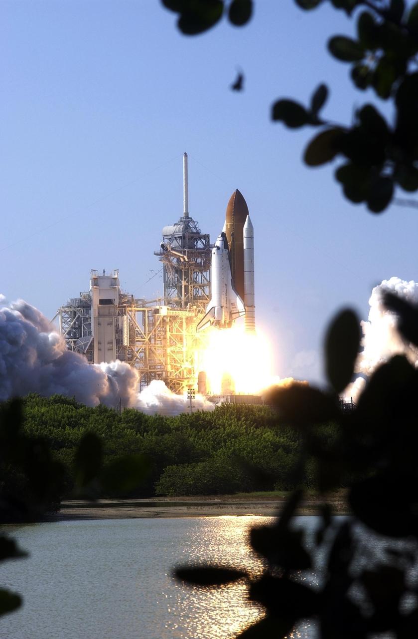 KENNEDY SPACE CENTER, FLA. - A distant view creates a frame of leaves around the launch of Space Shuttle Atlantis on mission STS-112.  Liftoff occurred on time at 3:46 p.m. EDT. Along with a crew of six, Atlantis carries the S1 Integrated Truss Structure and the Crew and Equipment Translation Aid (CETA) Cart A.  The CETA is the first of two human-powered carts that will ride along the ISS railway, providing mobile work platforms for future spacewalking astronauts.  On the 11-day mission, three spacewalks are planned to attach the S1 truss and CETA Cart A.   