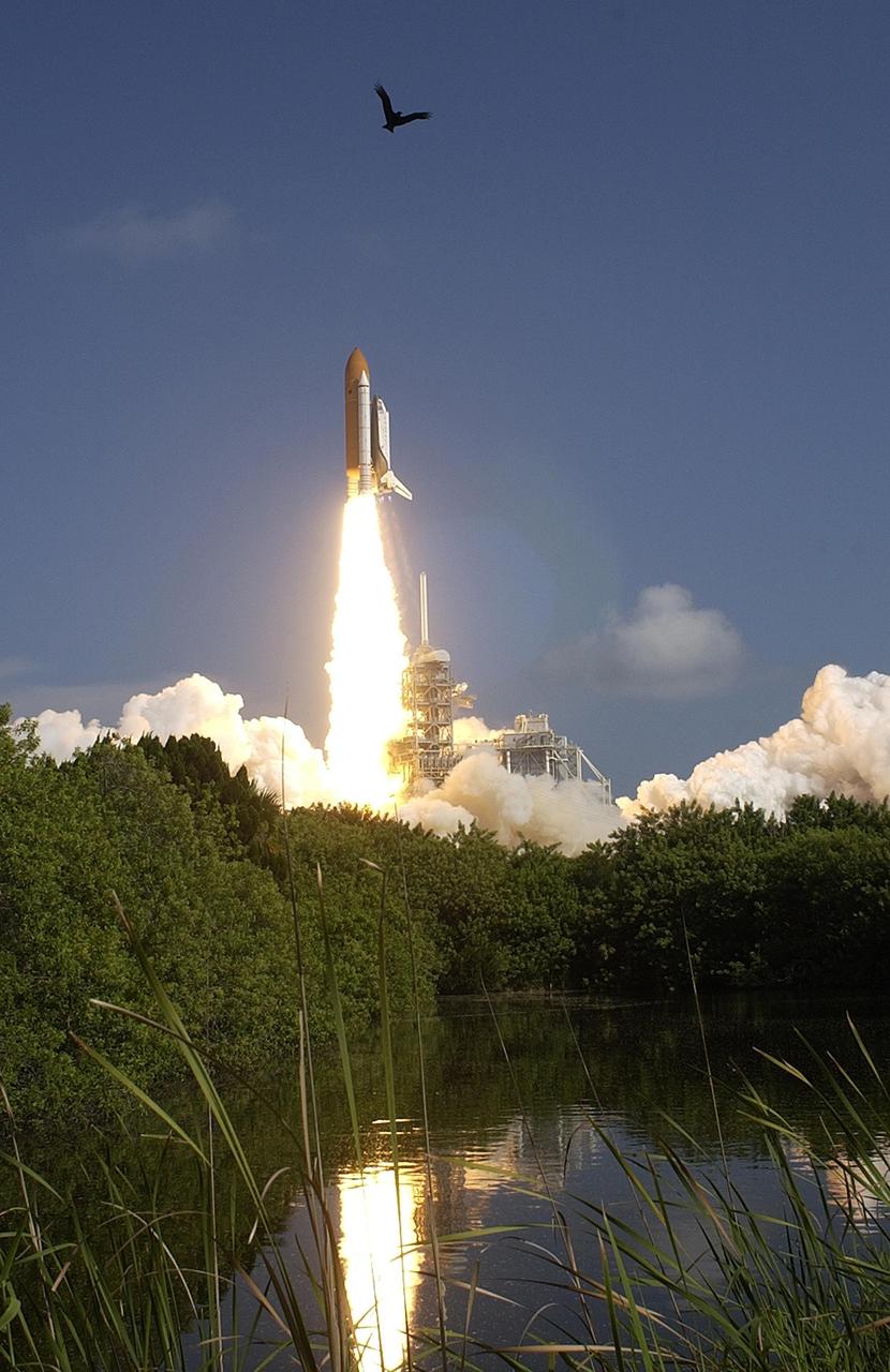 KENNEDY SPACE CENTER, FLA. -- The brilliance of the launch of Space Shuttle Atlantis is reflected in nearby waters. Liftoff of the Shuttle on mission STS-112 occurred on time at 3:46 p.m. EDT. Along with a crew of six, Atlantis carries the S1 Integrated Truss Structure and the Crew and Equipment Translation Aid (CETA) Cart A.  The CETA is the first of two human-powered carts that will ride along the ISS railway, providing mobile work platforms for future spacewalking astronauts.  On the 11-day mission, three spacewalks are planned to attach the S1 truss.  [Photo courtesy of Scott Andrews]