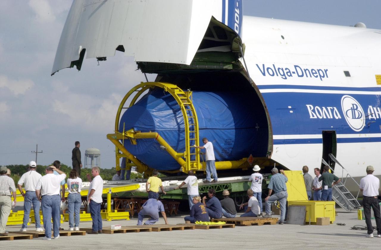 KENNEDY SPACE CENTER, FLA.  -- An Atlas/Centaur booster arrives at Cape Canaveral Air Force Station in preparation for the launch of TDRS-J. The third in a series of telemetry satellites, TDRS-J will help replenish the current constellation of geosynchronous TDRS satellites. The TDRS System is the primary source of space-to-ground voice, data and telemetry for the Space Shuttle. It also provides communications with the International Space Station and scientific spacecraft in low-Earth orbit such as the Hubble Space Telescope. This new advanced series of satellites will extend the availability of TDRS communications services until about 2017. 