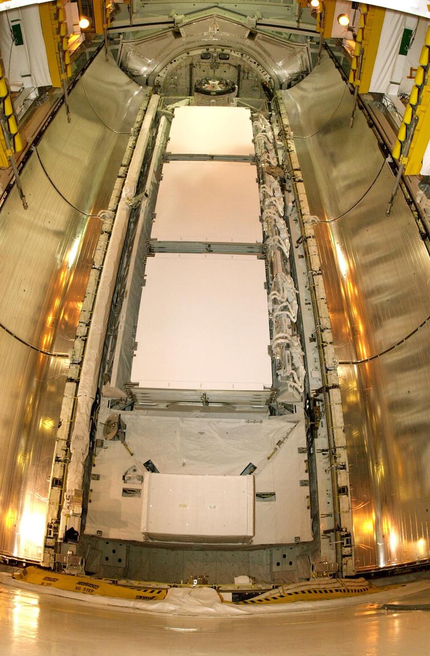 KENNEDY SPACE CENTER, FLA. - The payload on mission STS-113 rests inside Space Shuttle Endeavour's payload bay prior to closing of the doors.  The 16th assembly flight to the International Space Station, STS-113 will carry the Port 1 (P1) truss aboard Space Shuttle Endeavour as well as the Expedition 6 crew, who will replace Expedition 5 on the Station. Mission STS-113 is scheduled to launch Nov. 10, 2002.   