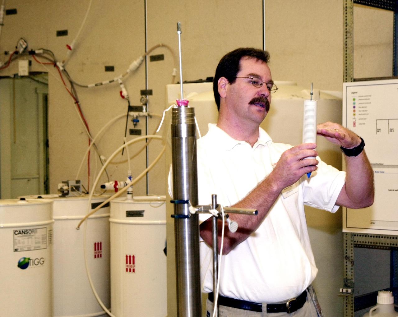 KENNEDY SPACE CENTER, FLA. - New methods of environmental cleanup are explained to government and business representatives, scientists and engineers during a presentation at Launch Complex 34-A, Cape Canaveral Spaceport.  Making the presentation is Mike Annable with the University of Florida.