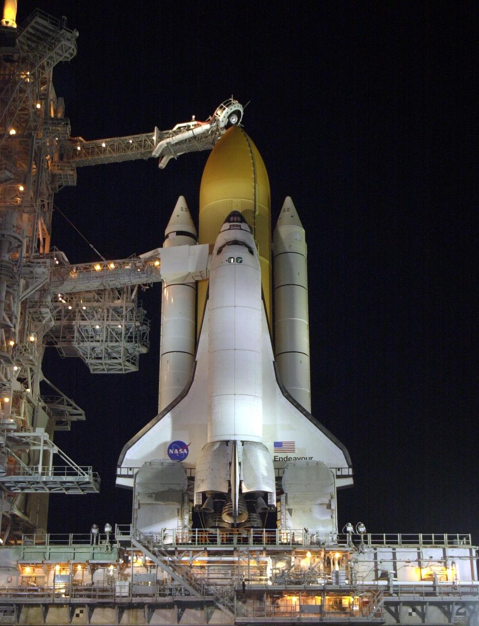 KENNEDY SPACE CENTER, FLA. - The Rotating Service Structure has been rolled back to reveal Space Shuttle Endeavour awaiting launch on Launch Pad 39A.  The primary mission of STS-113 is to bring the Expedition 6 crew to the Station and return the Expedition 5 crew to Earth.  Another major objective of the mission is delivery of the Port 1 (P1) Integrated Truss Assembly, which will be attached to the port side of the S0 truss.  Three spacewalks are planned to install and activate the truss and its associated equipment.  Launch of Space Shuttle Endeavour on mission STS-113 is scheduled for Nov. 11 at 12:58:40 a.m. EST.