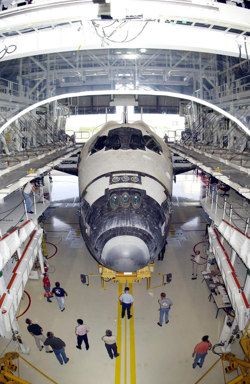 KENNEDY SPACE CENTER, FLA. -- Inside an Orbiter Processing Facility bay, Space Shuttle Columbia is readied for its move to the Vehicle Assembly Building. The orbiter is being prepared to fly on mission STS-107 now targeted for no earlier than Jan. 16, 2003. The STS-107 mission will be dedicated to microgravity research. The payloads include the Hitchhiker Bridge, a carrier for the Fast Reaction Experiments Enabling Science, Technology, Applications and Research (FREESTAR) incorporating eight high priority secondary attached Shuttle experiments, and the SHI Research Double Module (SHI/RDM), also known as SPACEHAB.