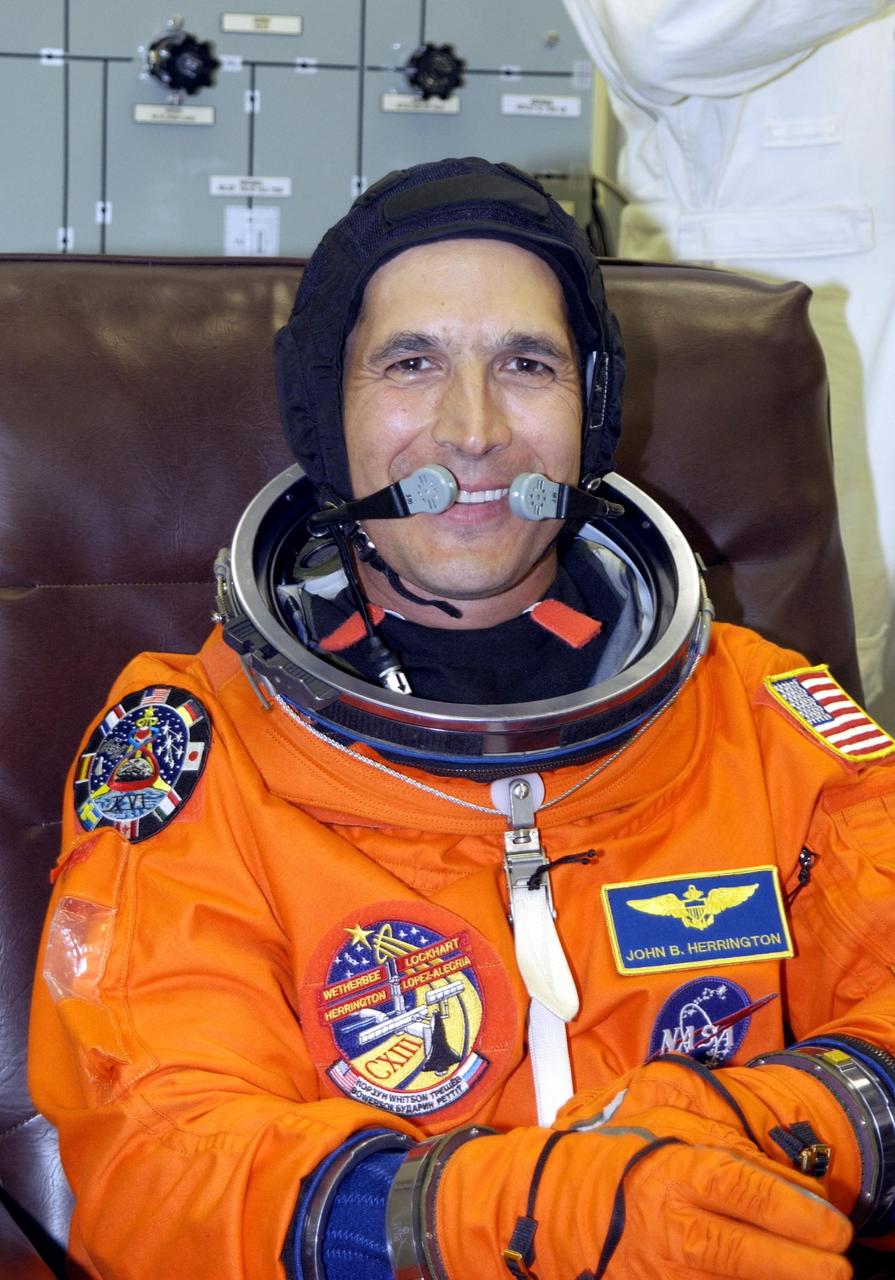 KENNEDY SPACE CENTER, FLA. --  STS-113 Mission Specialist John Herrington suits up for launch.  Herrington will be making his first Shuttle flight. This is also the first launch of the first tribally enrolled Native American astronaut -- John B. Herrington -- on Space Transportation System. The primary mission for the crew is bringing the Expedition 6 crew to the Station and returning the Expedition 5 crew to Earth.  The major objective of the mission is delivery of the Port 1 (P1) Integrated Truss Assembly, which will be attached to the port side of the S0 truss.  Three spacewalks are planned to install and activate the truss and its associated equipment.  Launch of Space Shuttle Endeavour on mission STS-113 is scheduled for 8:15 p.m. EST.    