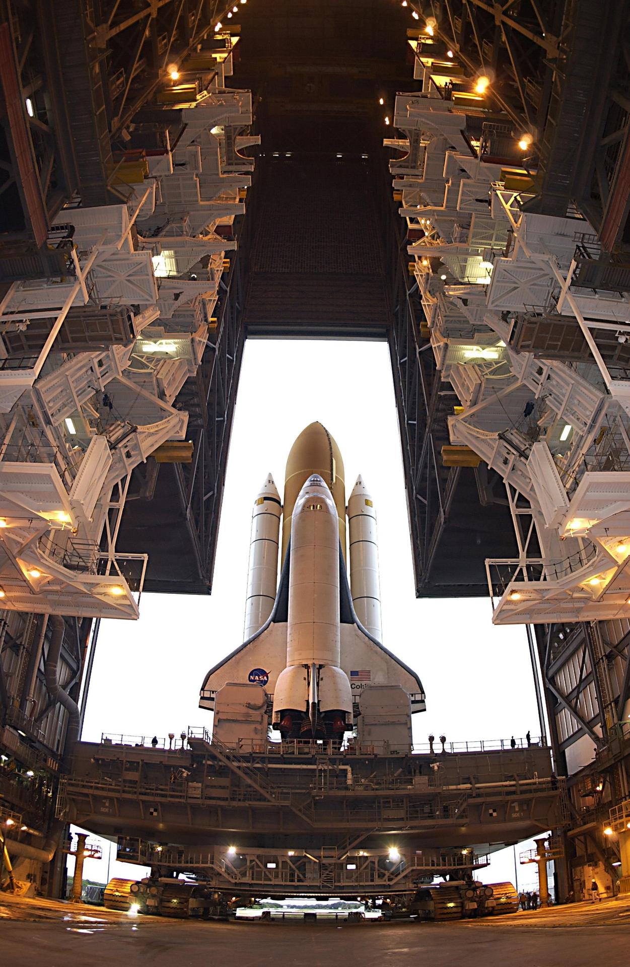 View of space shuttle Columbia through the VAB doors