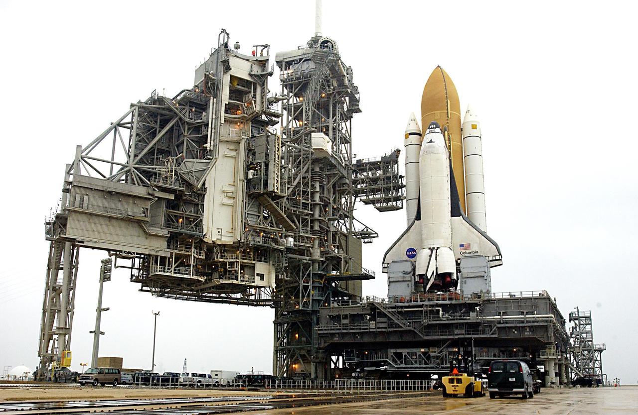 KENNEDY SPACE CENTER, FLA. -- Space Shuttle Columbia sits on Launch Pad 39A, atop the Mobile Launcher Platform. The STS-107 research mission comprises experiments ranging from material sciences to life sciences, plus the Fast Reaction Experiments Enabling Science, Technology, Applications and Research (FREESTAR) that incorporates eight high priority secondary attached shuttle experiments. Mission STS-107 is scheduled to launch Jan. 16, 2003.      