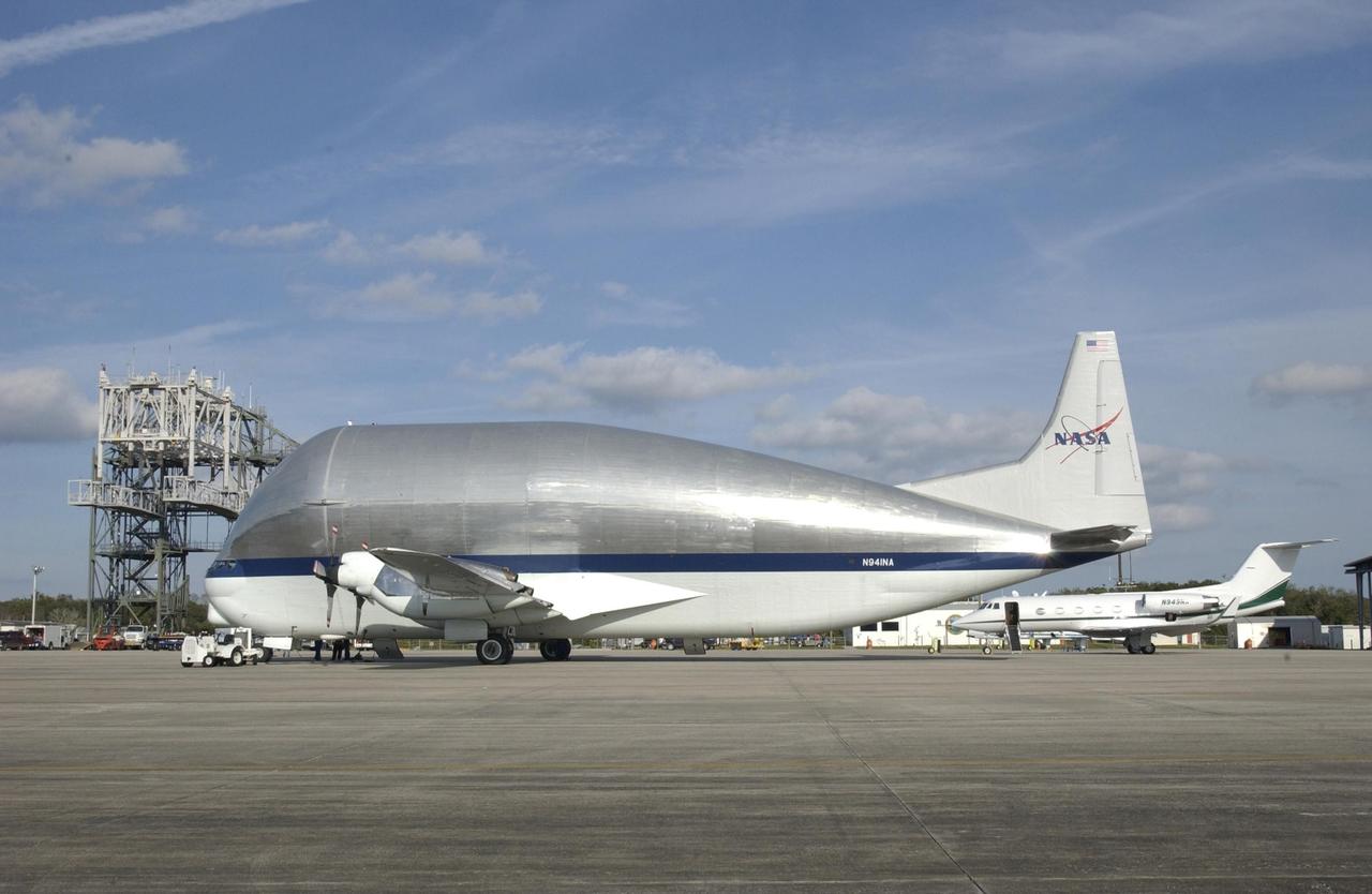 KENNEDY SPACE CENTER, FLA. -- The Integrated Equipment Assembly (IEA), one of two major components of the Starboard 6 (S6) truss segment for the International Space Station (ISS), arrives at the Shuttle Landing Facility aboard NASA's Super Guppy cargo airplane. The customized four-engine aricraft has a 24-foot-diameter fuselage and a foldaway nose enabling it to load and transport oversize cargo. The IEA will be joined to its companion piece, the Long Spacer, before launch early in 2004. The S6 truss segment will be the 11th and final piece of the Station's Integrated Truss Structure and will support the fourth and final set of solar arrays, batteries, and electronics.