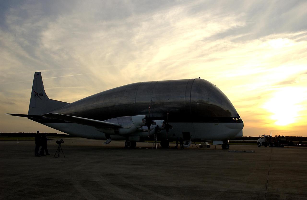 KENNEDY SPACE CENTER, FLA. -- The Integrated Equipment Assembly (IEA), one of two major components of the Starboard 6 (S6) truss segment for the International Space Station (ISS), arrives at the Shuttle Landing Facility aboard NASA's Super Guppy cargo airplane. The customized four-engine aricraft has a 24-foot-diameter fuselage and a foldaway nose enabling it to load and transport oversize cargo. The IEA will be joined to its companion piece, the Long Spacer, before launch early in 2004. The S6 truss segment will be the 11th and final piece of the Station's Integrated Truss Structure and will support the fourth and final set of solar arrays, batteries, and electronics.