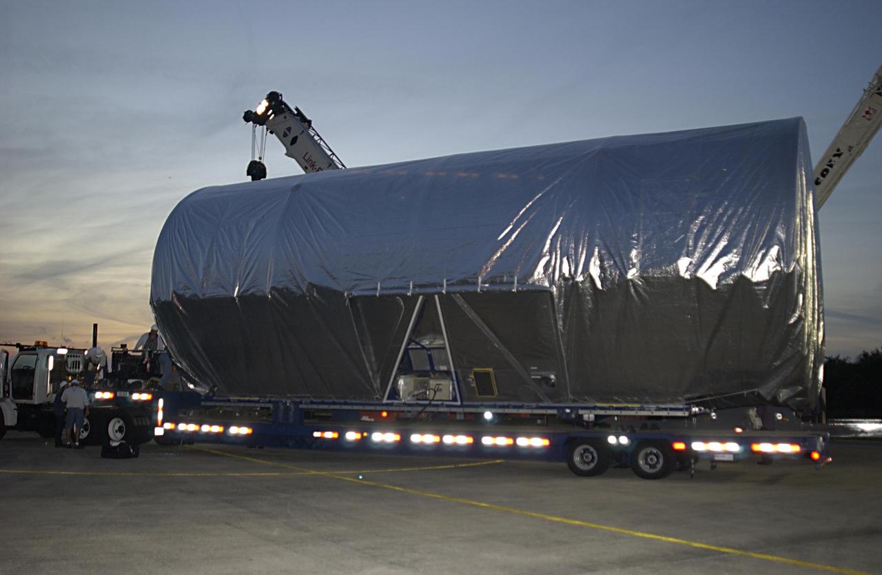 KENNEDY SPACE CENTER, FLA. --  The Integrated Equipment Assembly (IEA), one of two major components of the Starboard 6 (S6) truss segment for the International Space Station (ISS), sits on a cargo transporter following its arrival at the Shuttle Landing Facility. The IEA will be joined to its companion piece, the Long Spacer, before launch early in 2004. The S6 truss segment will be the 11th and final piece of the Station's Integrated Truss Structure and will support the fourth and final set of solar arrays, batteries, and  electronics.