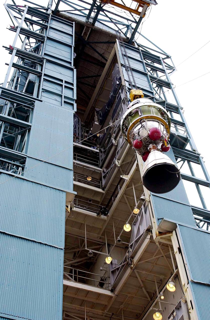 KENNEDY SPACE CENTER, FLA. - A second stage is lifted at NASA's Space Launch Complex 2 (SLC-2) at Vandenberg Air Force Base, Calif., for placement atop a Delta II rocket. The rocket will carry the ICESat and CHIPSat satellites into Earth orbits. The Ice, Cloud, and Land Elevation Satellite, or ICESat, is a 661-pound satellite carrying the Geoscience Laser Altimeter System (GLAS) that will revolutionize our understanding of ice and its role in global climate change and how we protect and understand our home planet. It will help scientists determine if the global sea level is rising or falling. It will look at the ice sheets that blanket the Earth's poles to see if they are growing or shrinking. It will assist in developing an understanding of how changes in the Earth's atmosphere and climate effect polar ice masses and global sea level. The Cosmic Hot Interstellar Plasma Spectrometer, or CHIPSat, a suitcase-size 131-pound satellite, will provide invaluable information into the origin, physical processes and properties of the hot gas contained in the interstellar medium. This can provide important clues about the formation and evolution of galaxies since the interstellar medium literally contains the seeds of future stars. The Delta II launch is scheduled for Jan. 11, 2003, between 4:45 p.m. - 5:30 p.m. PST.