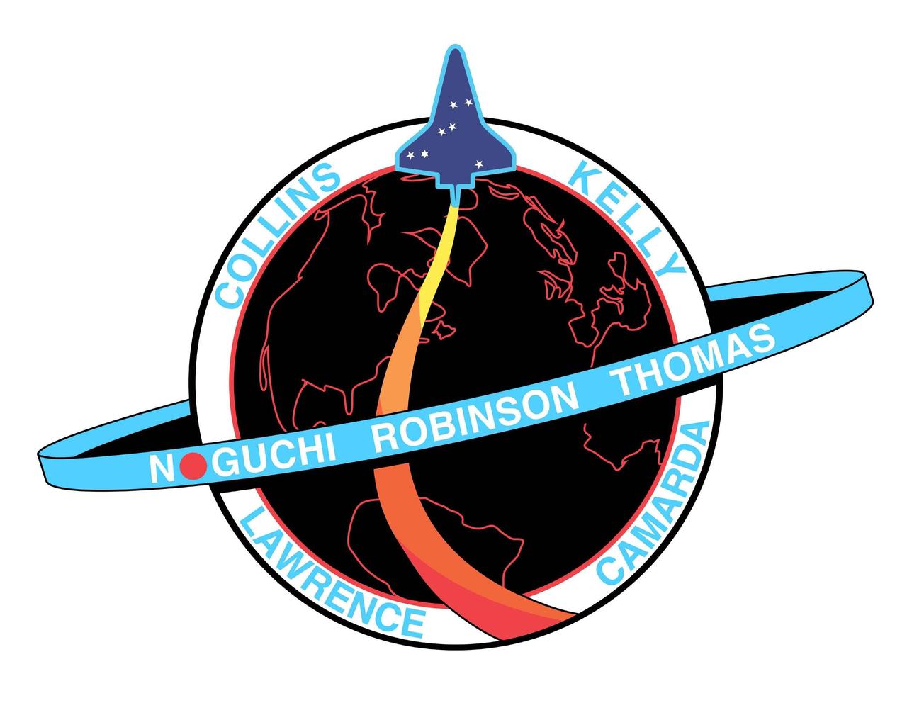 JOHNSON SPACE CENTER, Houston -  The STS-114 patch design signifies the return of the Space Shuttle to flight and honors the memory of the STS-107 Columbia crew. The blue Shuttle rising above Earth’s horizon includes the Columbia constellation of seven stars, echoing the STS-107 patch and commemorating the seven members of that mission. The crew of STS-114 will carry the memory of their friends on Columbia and the legacy of their mission back into Earth orbit. The dominant design element of the STS-114 patch is the planet Earth, which represents the unity and dedication of the many people whose efforts allows the Shuttle to safely return to flight. Against the background of the Earth at night, the blue orbit represents the International Space Station (ISS), with the EVA crewmembers named on the orbit. The red sun on the orbit signifies the contributions of the Japanese Space Agency to the mission and to the ISS program. The multi-colored Shuttle plume represents the broad spectrum of challenges for this mission, including Shuttle inspection and repair experiments, and International Space Station re-supply and repair. The NASA insignia design for Shuttle flights is reserved for use by the astronauts and for other official use as the NASA Administrator may authorize. Public availability has been approved only in the forms of illustrations by the various news media. When and if there is any change in this policy, which is not anticipated, the change will be publicly announced.