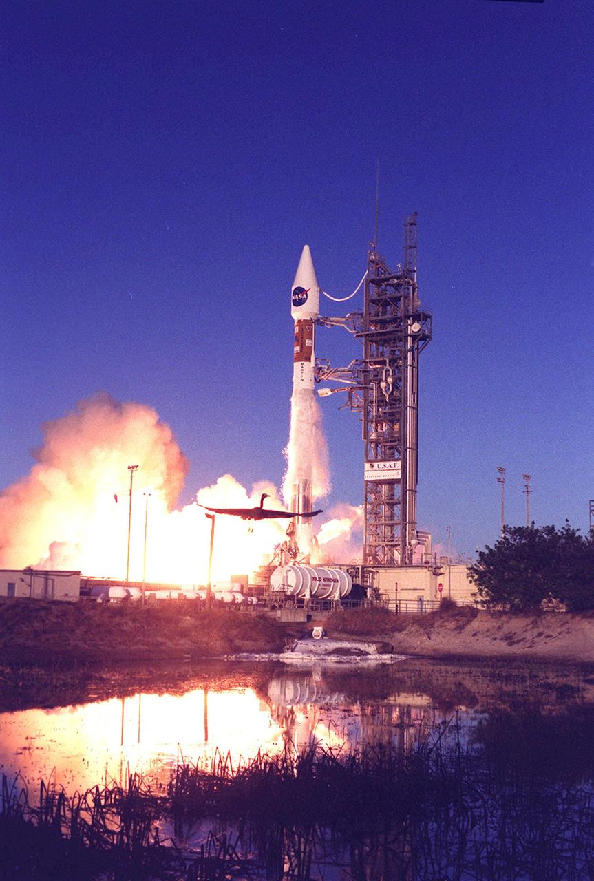 KENNEDY SPACE CENTER, FLA. -- A Great Blue Heron is silhouetted against the brilliance of the rocket exhaust as the Tracking and Data Relay Satellite-I (TDRS-1) is launched from Launch Pad 36-A, Cape Canaveral Air Force Station. TDRS-I replenishes the existing on-orbit fleet of six spacecraft. The TDRS System is the primary source of space-to-ground voice, data and telemetry for the Space Shuttle. It also provides communications with the International Space Station and scientific spacecraft in low-Earth orbit such as the Hubble Space Telescope. This new advanced series of satellites will extend the availability of TDRS communications services until about 2017. Liftoff occurred at 5:59 p.m. EST