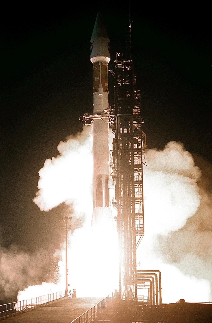 KENNEDY SPACE CENTER, FLA. --At Launch Complex 36-A, Cape Canaveral Air Force Station, the TDRS-J satellite launches aboard an Atlas IIA vehicle at the beginning of the launch window at 9:42 p.m. EST. TDRS-J, the third in a series of telemetry satellites, will help replenish the current constellation of geosynchronous TDRS satellites that are the primary source of space-to-ground voice, data and telemetry for the Space Shuttle. The satellites also provide communications with the International Space Station and  scientific spacecraft in low-Earth orbit such as the Hubble Space Telescope. This new advanced series of satellites will extend the availability of TDRS communications services until about 2017.