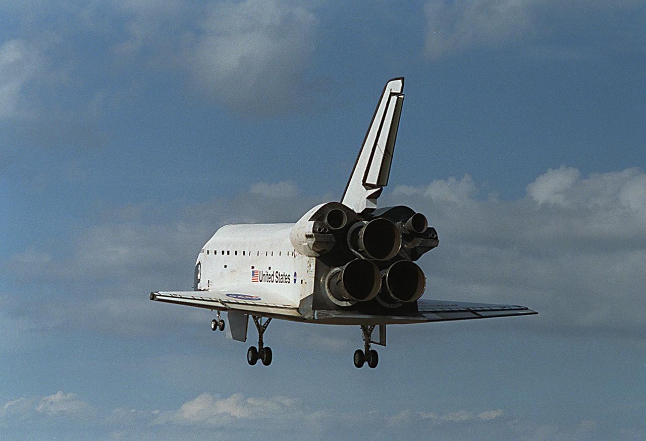 KENNEDY SPACE CENTER, FLA. -- Space Shuttle Endeavour makes its final approach to runway 33 at the Shuttle Landing Facility after completing the 13-day, 18-hour, 48-minute, 5.74-million mile STS-113 mission to the International Space Station. Main gear touchdown was at 2:37:12 p.m. EST, nose gear touchdown was at 2:37:23 p.m., and wheel stop was at 2:38:25 p.m. Poor weather conditions thwarted landing opportunities until a fourth day, the first time in Shuttle program history that a landing has been waved off for three consecutive days. The vehicle carries the STS-113 crew, Commander James Wetherbee, Pilot Paul Lockhart and Mission Specialists Michael Lopez-Alegria and John Herrington, as well as the returning Expedition Five crew, Commander Valeri Korzun, ISS Science Officer Peggy Whitson and Flight Engineer Sergei Treschev. The installation of the P1 truss on the International Space Station was accomplished during the mission.