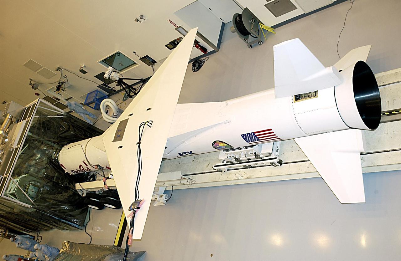 KENNEDY SPACE CENTER, FLA. -- The Pegasus XL Expendable Launch Vehicle is on a workstand in the Multi-Purpose Processing Facility. The Pegasus XL will carry NASA's Solar Radiation and Climate Experiment (SORCE) into orbit. Built by Orbital Sciences Space Systems Group, SORCE will study and measure solar irradiance as a source of energy in the Earth's atmosphere. The launch of SORCE is scheduled for Jan. 25 at 3:14 p.m. from Cape Canaveral Air Force Station, Fla.