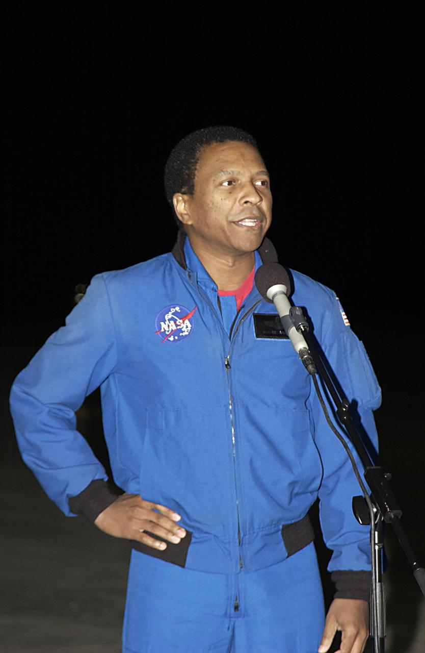 KENNEDY SPACE CENTER, FLA. -  STS-107 Payload Commander Michael Anderson comments about the mission after the crew's arrival at KSC for pre-launch preparations. STS-107 is a mission devoted to research and will include more than 80 experiments that will study Earth and space science, advanced technology development, and astronaut health and safety. The payload on Space Shuttle Columbia includes FREESTAR (Fast Reaction Experiments Enabling Science, Technology, Applications and Research) and the SHI Research Double Module (SHI/RDM), known as SPACEHAB.  Experiments on the module range from material sciences to life sciences. Launch of Columbia is targeted for Jan. 16 between 10 a.m. and 2 p.m.