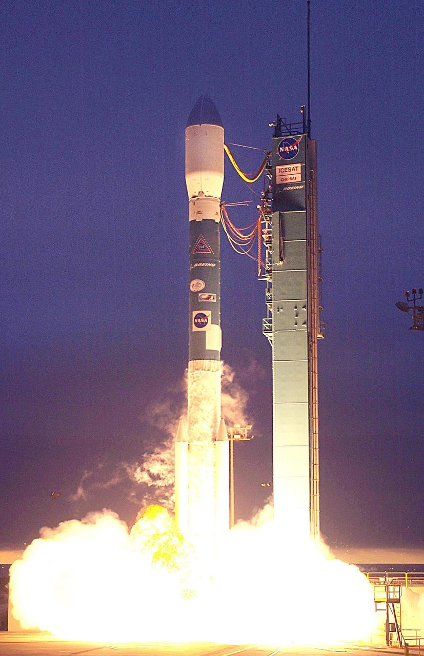 KENNEDY SPACE CENTER, FLA. -  NASA's Ice, Cloud and Land Elevation satellite (ICESat) and Cosmic Hot Interstellar Spectrometer (CHIPS) satellite lifted off from Vandenberg Air Force Base, Calif at 4:45 p.m. PST aboard Boeing's Delta II rocket.  ICESat will examine the role that ice plays in global climate change, while CHIPSat will explore the composition of our galaxy. [Photo Credit: NASA/Bill Ingalls]