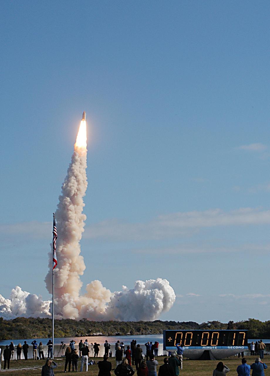 KENNEDY SPACE CENTER, FLA. - Competing with the brilliant blue sky, flames behind Space Shuttle Columbia trail a column of smoke as the Shuttle hurtles toward space on mission STS-107. Following a flawless and uneventful countdown, liftoff occurred on-time at 10:39 a.m. EST.  The 16-day research mission will include FREESTAR (Fast Reaction Experiments Enabling Science, Technology, Applications and Research) and the SHI Research Double Module (SHI/RDM), known as SPACEHAB.  Experiments on the module range from material sciences to life sciences. Landing is scheduled at about 8:53 a.m. EST on Saturday, Feb. 1.  This mission is the first Shuttle mission of 2003. Mission STS-107 is the 28th flight of the orbiter Columbia and the 113th flight overall in NASA's Space Shuttle program. 