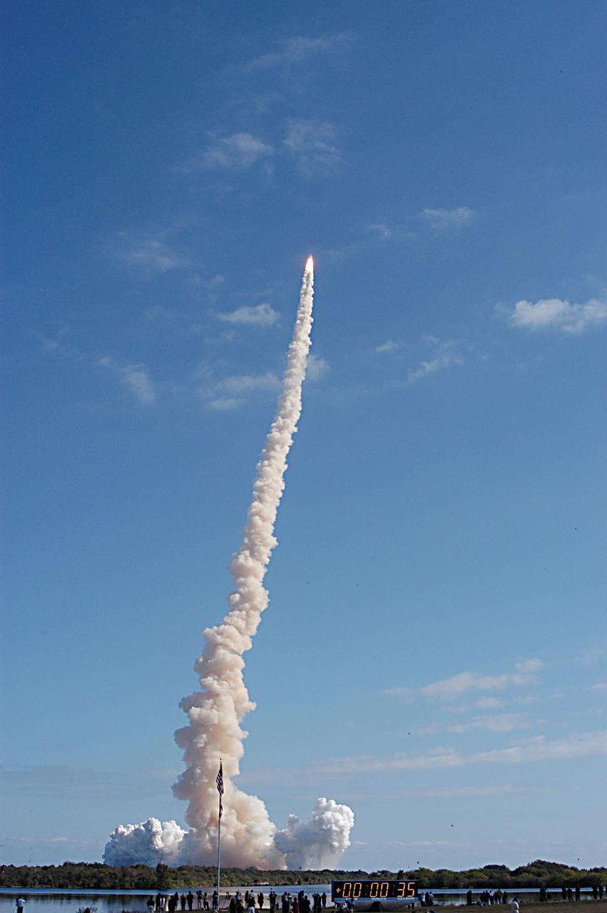 KENNEDY SPACE CENTER, FLA. -- Seconds after launch, Space Shuttle Columbia appears as a flaming tip of the smoke column it trails. Following a flawless and uneventful countdown, liftoff occurred on-time at 10:39 a.m. EST.  The 16-day research mission will include FREESTAR (Fast Reaction Experiments Enabling Science, Technology, Applications and Research) and the SHI Research Double Module (SHI/RDM), known as SPACEHAB.  Experiments on the module range from material sciences to life sciences. Landing is scheduled at about 8:53 a.m. EST on Saturday, Feb. 1.  This mission is the first Shuttle mission of 2003. Mission STS-107 is the 28th flight of the orbiter Columbia and the 113th flight overall in NASA's Space Shuttle program.
