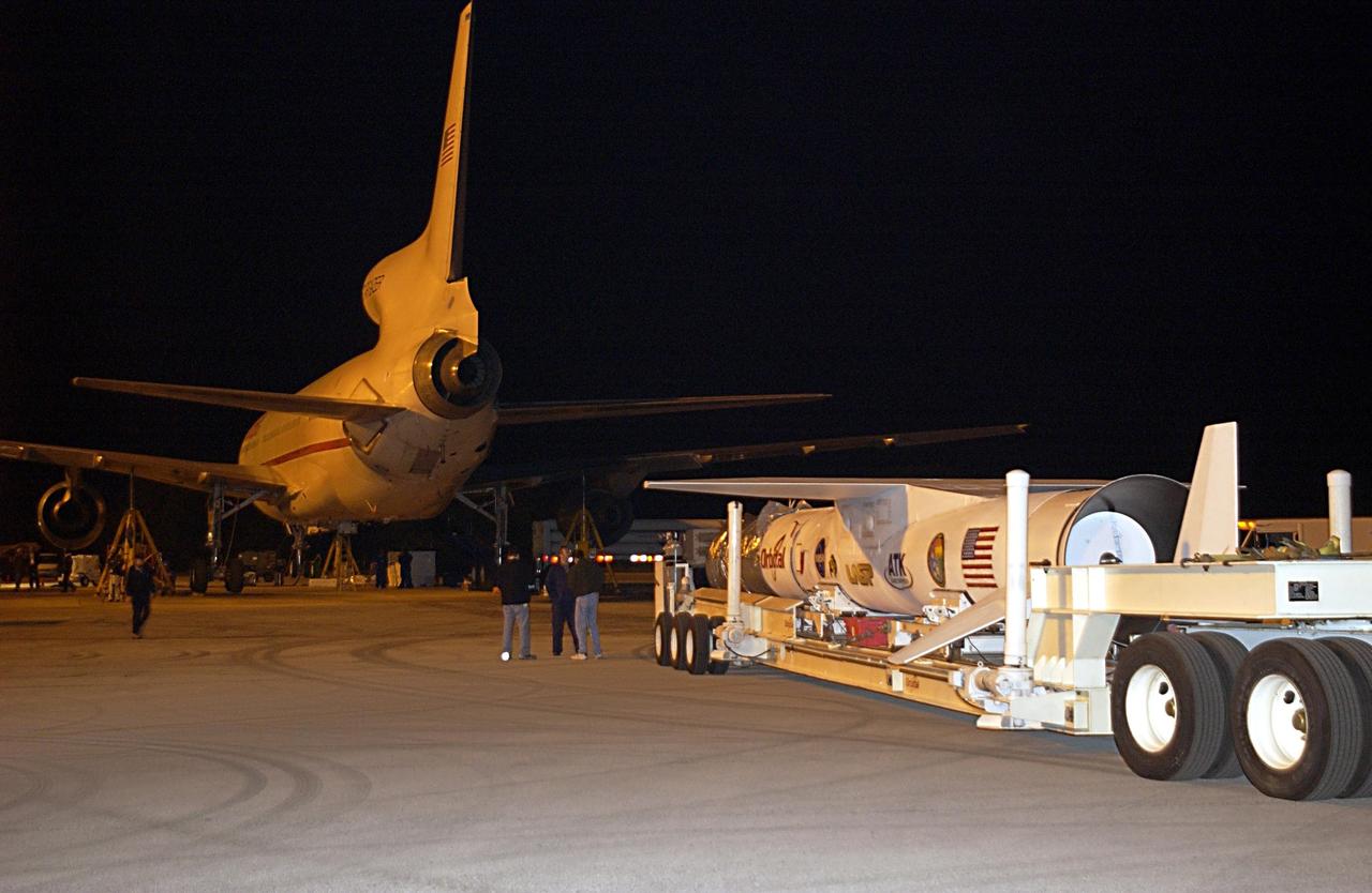 KENNEDY SPACE CENTER, FLA. - The Pegasus XL launch vehicle, with the Solar Radiation and Climate Experiment (SORCE) satellite aboard, arrives at Cape Canaveral Air Force Station (CCAFS), Fla. SORCE, built by Orbital Sciences Corporation (OSC), will study and measure solar irradiance as a source of energy in the Earth's atmosphere. The launch of SORCE is scheduled for Jan. 25 at 3:14 p.m. from CCAFS. The drop of the Pegasus will be from OSC's L-1011 aircraft at an altitude of 39,000 feet over the Atlantic Ocean approximately 100 miles east-southeast of Cape Canaveral..