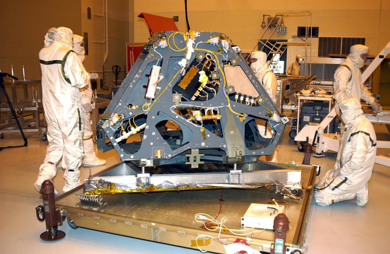 KENNEDY SPACE CENTER, FLA. - After being cleaned up, the Mars Exploration Rover -2 is ready to be moved to a workstand in the Payload Hazardous Servicing Facility. Set to launch in 2003, the Mars Exploration Rover Mission will consist of two identical rovers designed to cover roughly 110 yards (100 meters) each Martian day. Each rover will carry five scientific instruments that will allow it to search for evidence of liquid water that may have been present in the planet's past.  The rovers will be identical to each other, but will land at different regions of Mars.  The first rover has a launch window opening May 30, 2003, and the second rover a window opening June 25, 2003.