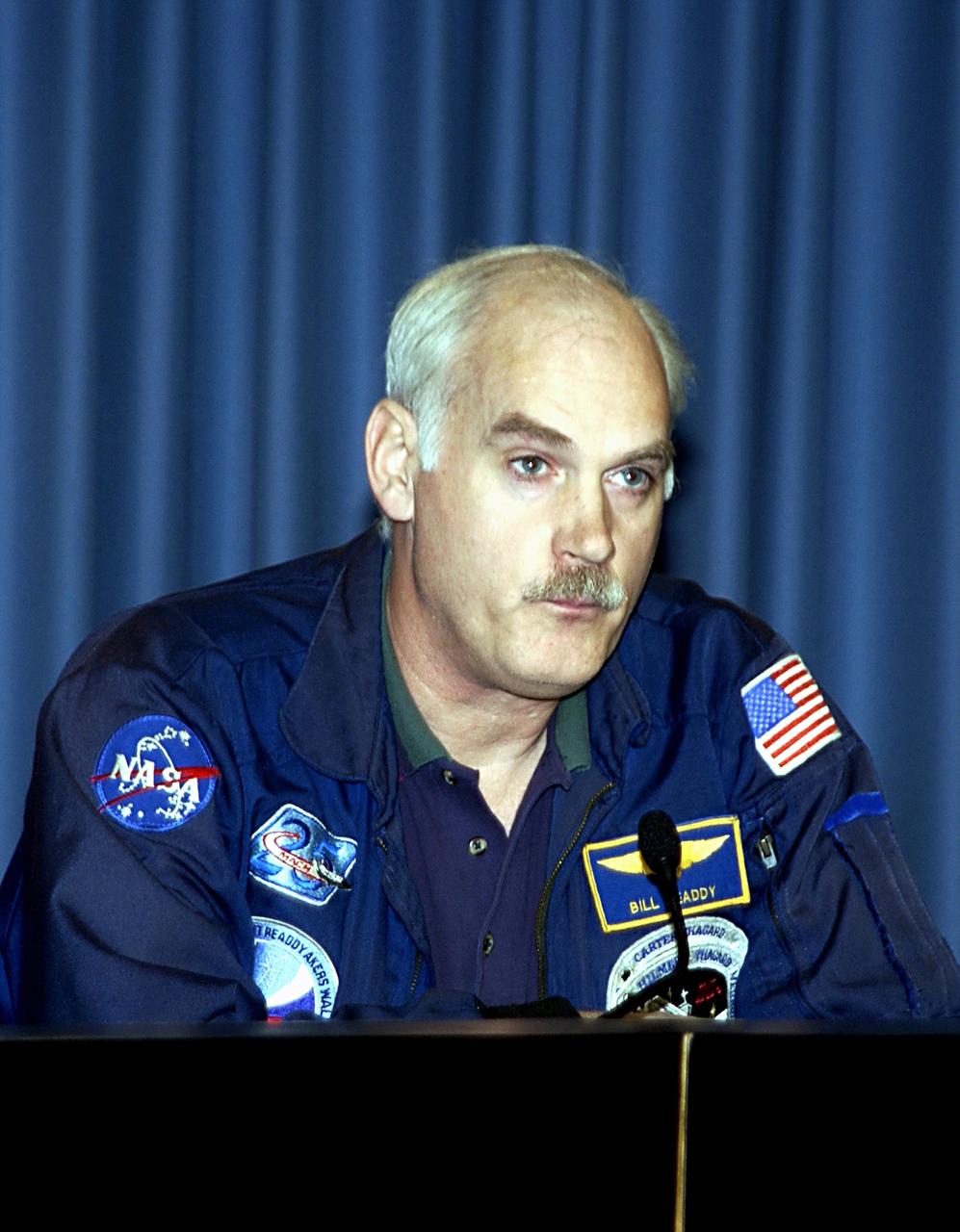 KENNEDY SPACE CENTER, FLA. - Following the loss of Columbia and crew on their return to Earth, Bill Readdy, associate administrator, Office of Space Flight, comments on the tragedy during a press briefing at KSC. 