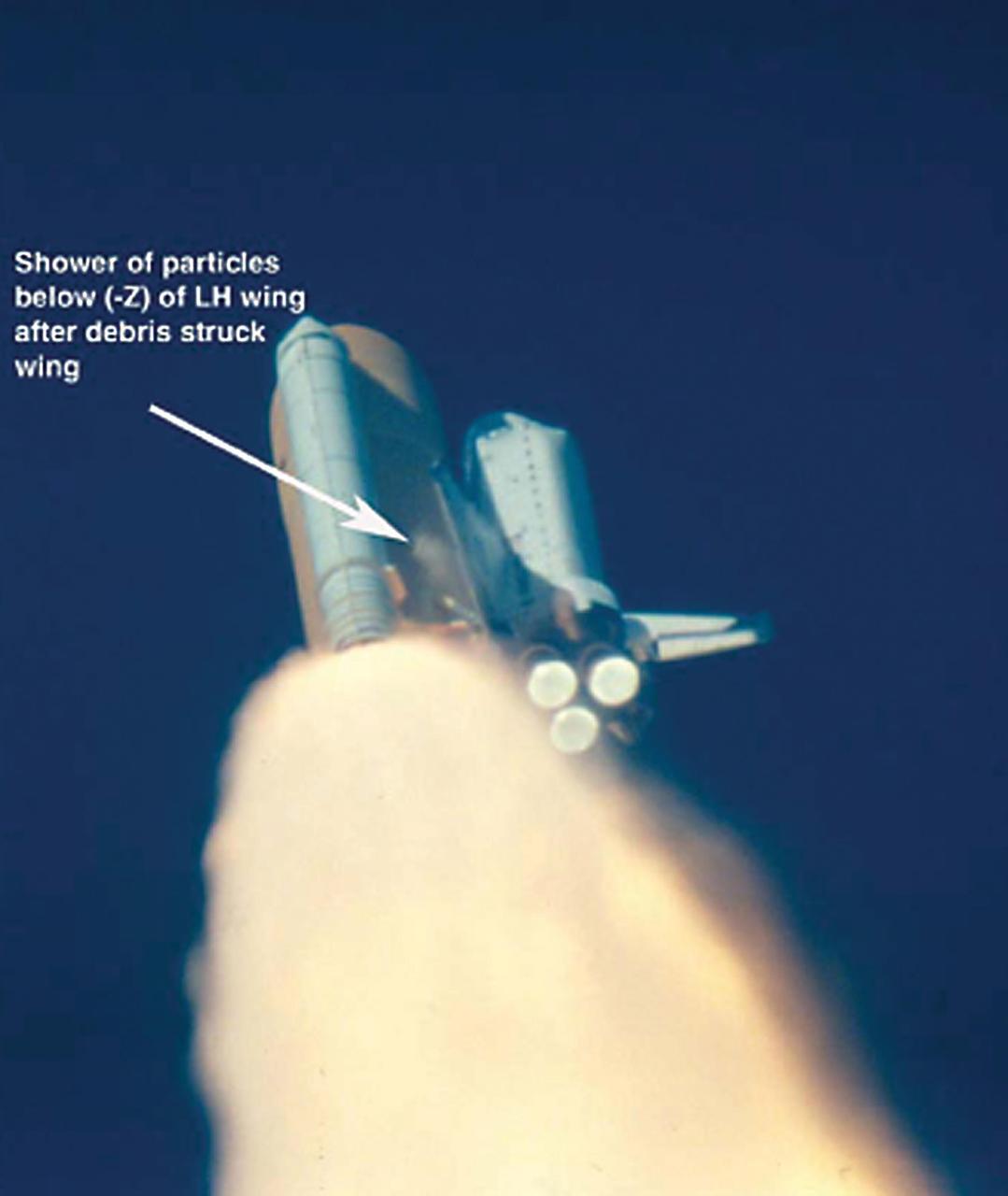 KENNEDY SPACE CENTER, FLA. --   Approximately 33 seconds after T-0 and liftoff of Space Shuttle Columbia, several particles are observed falling away from the -Z portion of the LH solid rocket booster ETA ring.  Particles were identified later as probably pieces of the instafoam closeout on the ETA ring.  