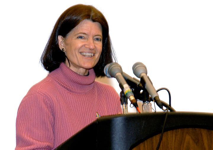 KENNEDY SPACE CENTER, FLA. - Former astronaut Sally Ride talks to young women at the Sally Ride Science Festival, held at the University of Central Florida, Orlando, Fla.  The event promotes science, math and technology as future career paths for girls.  Breakout sessions afforded closer interaction between Ride and festival attendees.  Since it followed the tragic loss of the Columbia astronauts, a large poster was presented which attendees could sign as tribute..