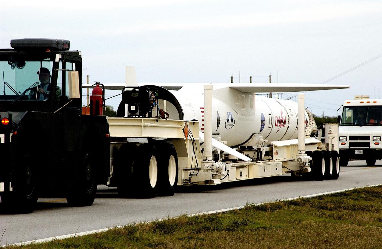 KENNEDY SPACE CENTER, FLA. -- The Pegasus launch vehicle is moved from the Skid Strip, Cape Canaveral Air Force Station, to the Multi-Payload Processing Facility (MPPF) at KSC. There it will be mated to the Galaxy Evolution Explorer (GALEX). The Pegasus will carry into orbit the GALEX, a space telescope that will observe galaxies in ultraviolet light across 10 billion years of cosmic history. Led by the California Institute of Technology, GALEX will conduct several first-of-a-kind sky surveys, including an extra-galactic (beyond our galaxy) ultraviolet all-sky survey. During its 29-month mission GALEX will produce the first comprehensive map of a Universe of galaxies under construction, bringing more understanding of how galaxies like the Milky Way were formed. GALEX is due to be launched from Cape Canaveral Air Force Station March 25.