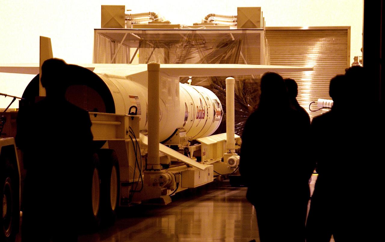 KENNEDY SPACE CENTER, FLA. -- The Pegasus launch vehicle is inside the Multi-Payload Processing Facility (MPPF) at KSC. There it will be mated to the Galaxy Evolution Explorer (GALEX). The Pegasus will carry into orbit the GALEX, a space telescope that will observe galaxies in ultraviolet light across 10 billion years of cosmic history. Led by the California Institute of Technology, GALEX will conduct several first-of-a-kind sky surveys, including an extra-galactic (beyond our galaxy) ultraviolet all-sky survey. During its 29-month mission GALEX will produce the first comprehensive map of a Universe of galaxies under construction, bringing more understanding of how galaxies like the Milky Way were formed.  GALEX is due to be launched from Cape Canaveral Air Force Station March 25.