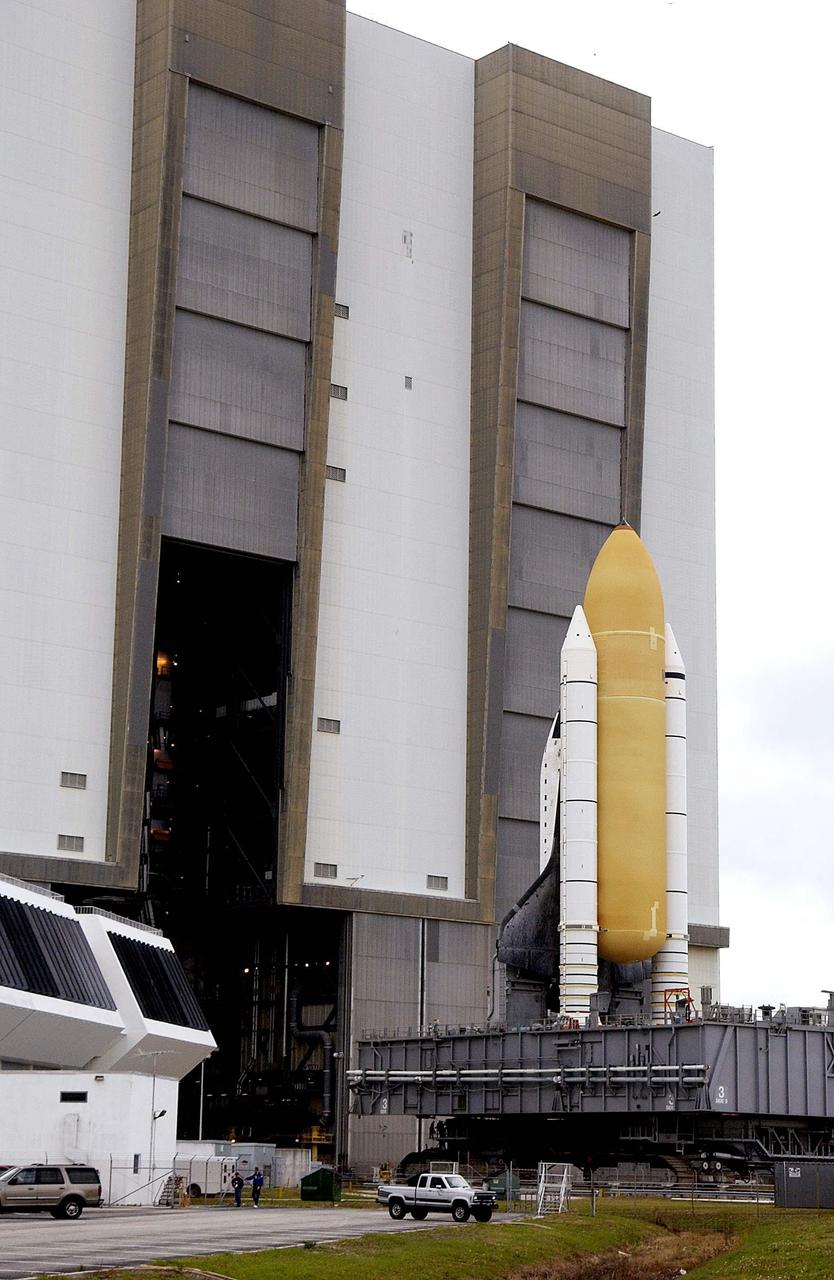 KENNEDY SPACE CENTER, FLA. -- Space Shuttle Atlantis rolls toward Bay 1 in the Vehicle Assembly Building.  There Atlantis will be demated with the external tank and solid rocket boosters in anticipation of its transfer to the Orbiter Processing Facility.