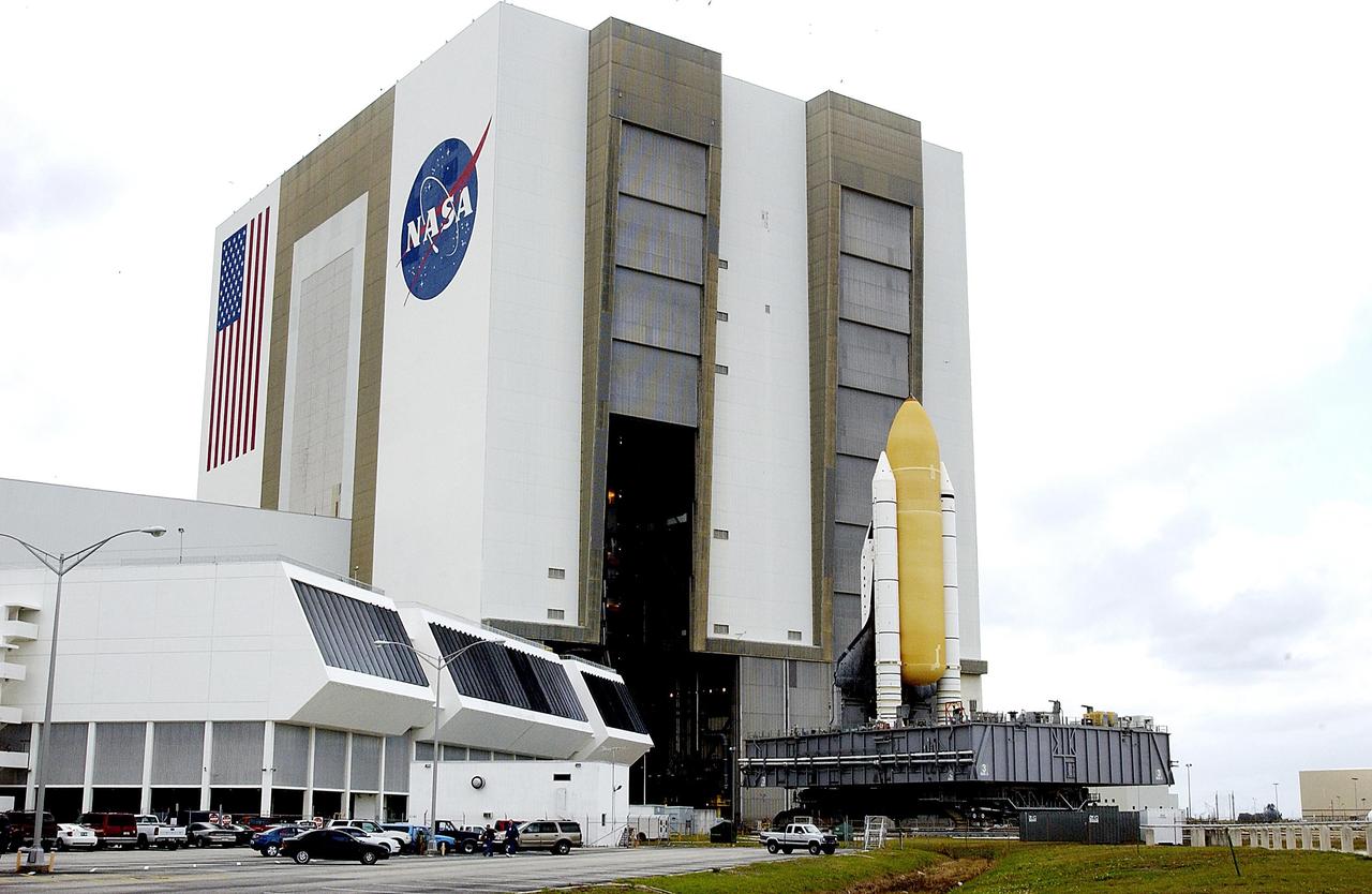 KENNEDY SPACE CENTER, FLA. -- Space Shuttle Atlantis rolls toward Bay 1 in the Vehicle Assembly Building.  There Atlantis will be demated with the external tank and solid rocket boosters in anticipation of its transfer to the Orbiter Processing Facility.