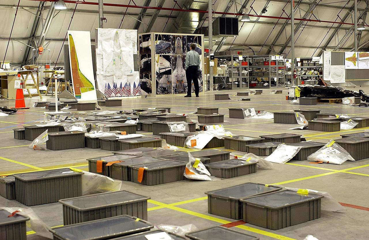 KENNEDY SPACE CENTER, FLA. -- Another closeup of the floor in the RLV Hangar shows the variety of Columbia debris gathered there.  The Columbia Reconstruction Project Team is attempting to reconstruct the orbiter as part of the investigation into the accident that caused the destruction of Columbia and loss of its crew as it returned to Earth on mission STS-107.