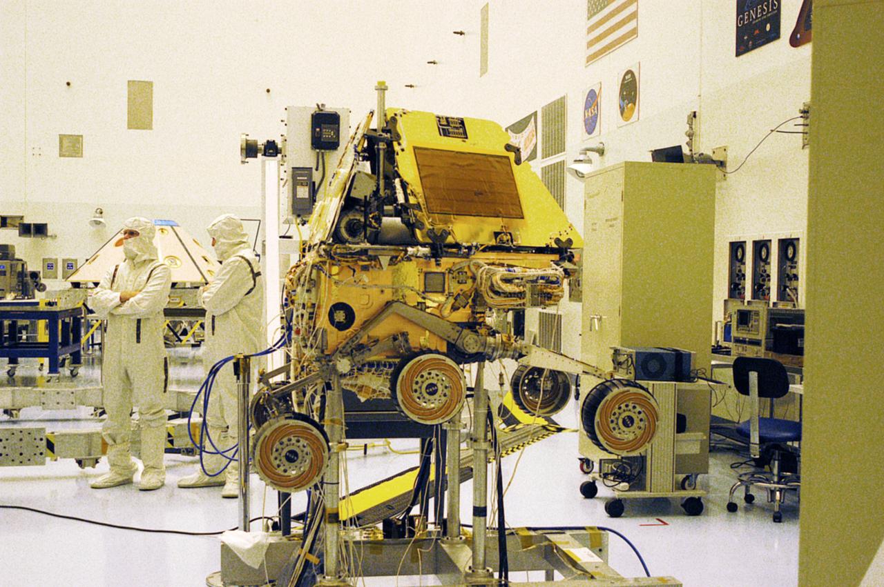 In the Payload Hazardous Servicing Facility resides one of the Mars Exploration Rovers, MER-2. MER-1 and MER-2, their aeroshells and landers will undergo a full mission simulation before being integrated. After spin balance testing, each spacecraft will be mated to a solid propellant upper stage booster that will propel the spacecraft out of Earth orbit. Approximately 10 days before launch they will be transported to the launch pad for mating with their respective Boeing Delta II rockets. The rovers will serve as robotic geologists to seek answers about the evolution of Mars, particularly for a history of water. The rovers are identical to each other, but will land at different regions of Mars. Launch of the first rover is scheduled for May 30 from Cape Canaveral Air Force Station. The second will follow June 25.