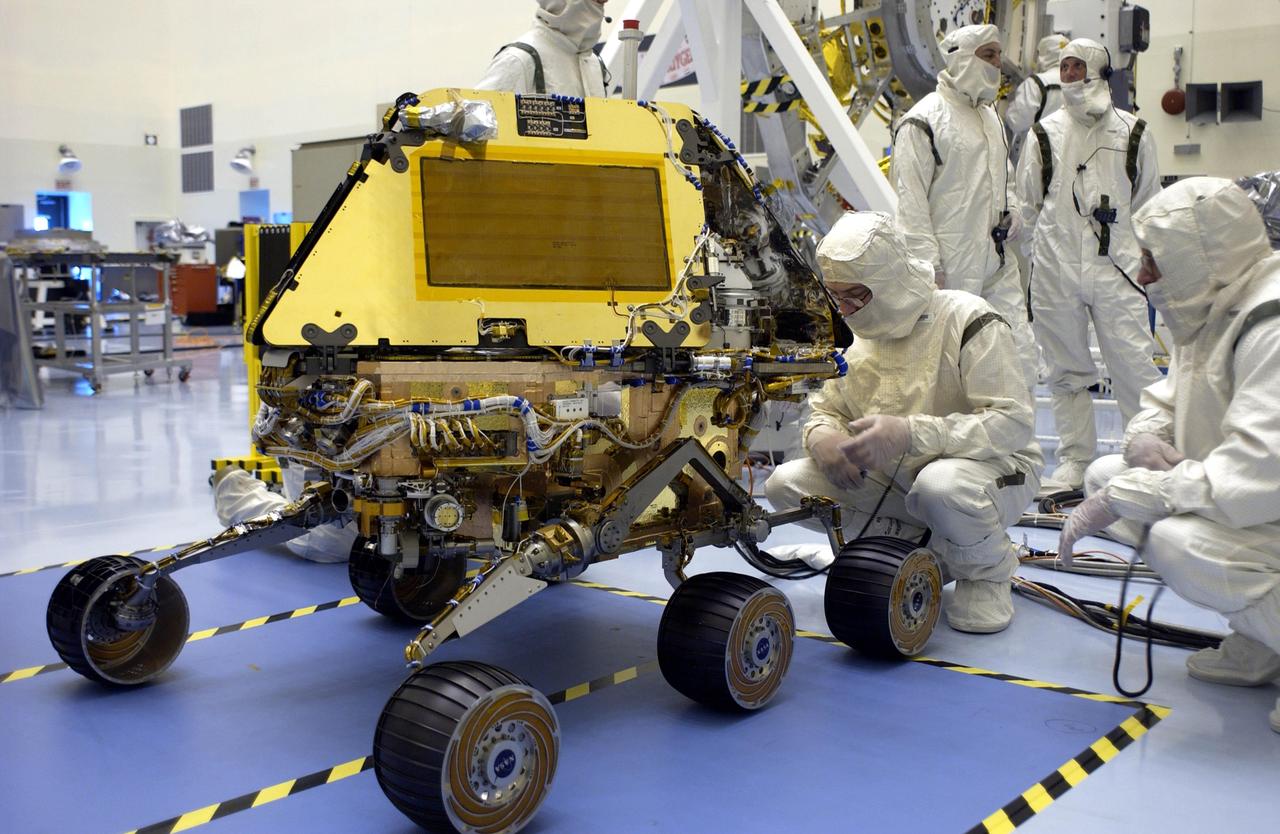 KENNEDY SPACE CENTER, FLA. -- The Mars Exploration Rover-2 (MER-2) is ready for solar array testing in the Payload Hazardous Servicing Facility. Set to launch in Spring 2003, the MER Mission will consist of two identical rovers designed to cover roughly 110 yards each Martian day. Each rover will carry five scientific instruments that will allow it to search for evidence of liquid water that may have been present in the planet's past. The rovers will be identical to each other, but will land at different regions of Mars. The first rover has a launch window opening May 30, and the second rover a window opening June 25, 2003.