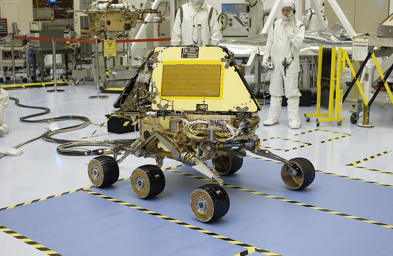 KENNEDY SPACE CENTER, Fla. - The Mars Exploration Rover-2 (MER-2) is ready for solar array testing in the Payload Hazardous Servicing Facility. Set to launch in Spring 2003, the MER Mission will consist of two identical rovers designed to cover roughly 110 yards each Martian day. Each rover will carry five scientific instruments that will allow it to search for evidence of liquid water that may have been present in the planet's past. The rovers will be identical to each other, but will land at different regions of Mars. The first rover has a launch window opening May 30, and the second rover a window opening June 25, 2003.