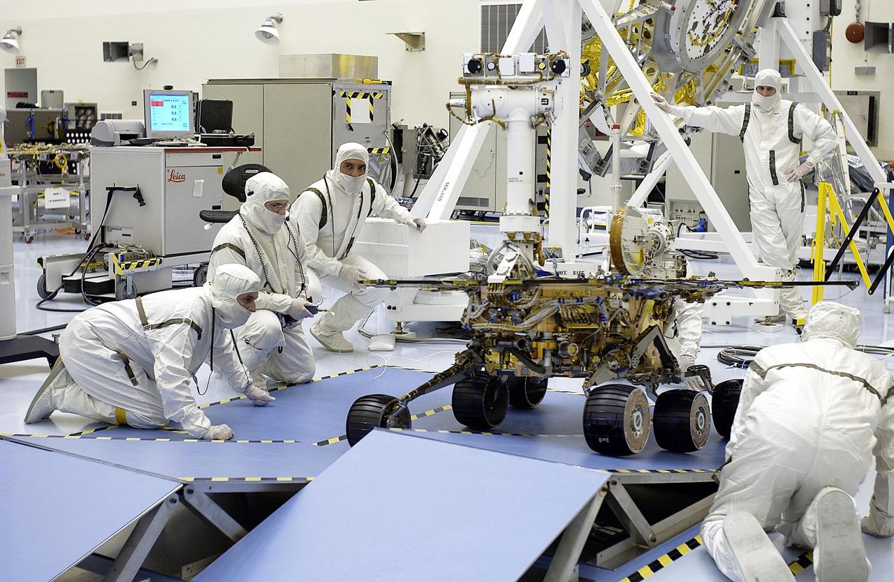 KENNEDY SPACE CENTER, FLA. -- In the Payload Hazardous Servicing Facility, the Mars Exploration Rover-2 (MER-2) is tested for mobility and maneuverability over a setup of ramps. Set to launch in Spring 2003, the MER Mission will consist of two identical rovers designed to cover roughly 110 yards each Martian day over various terrain. Each rover will carry five scientific instruments that will allow it to search for evidence of liquid water that may have been present in the planet's past. The rovers will be identical to each other, but will land at different regions of Mars. The first rover has a launch window opening May 30, and the second rover a window opening June 25.