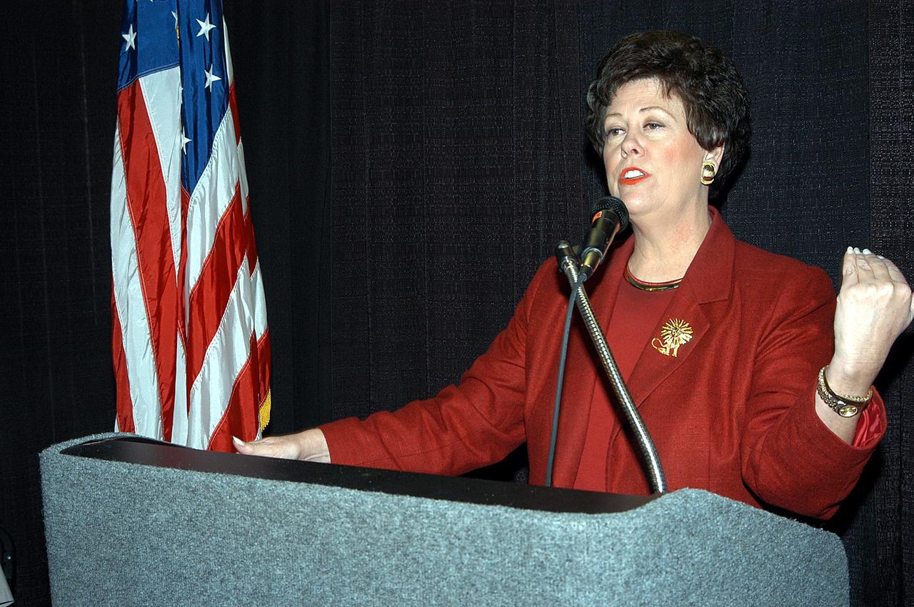 KENNEDY SPACE CENTER, FLA. - Florida Lt. Gov. Toni Jennings speaks to the attendees of an invitation-only luncheon held during the 2003 Southeastern Regional FIRST Robotic Competition. The competition is being held at the University of Central Florida (UCF) in Orlando, March 20-23. Forty student teams from around the country are participating in the event that pits team-built gladiator robots against each other in an athletic-style competition. The teams are sponsored by NASA/Kennedy Space Center, The Boeing Company/Brevard Community College, and Lockheed Martin Space Operations/Mission Systems for the nonprofit organization For Inspiration and Recognition of Science and Technology, known as FIRST. The vision of FIRST is to inspire in the youth of our nation an appreciation of science and technology and an understanding that mastering these disciplines can enrich the lives of all mankind.