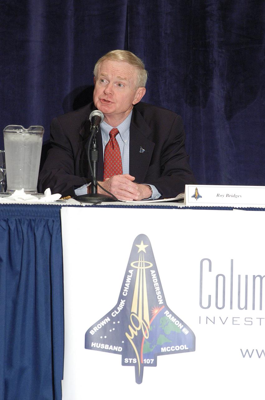 KENNEDY SPACE CENTER, FLA. -  Center Director Roy Bridges speaks at a meeting of the Columbia Accident Investigation Board in Cape Canaveral, Fla.  Over the course of two days, the Board's chairman, retired Navy Admiral Harold W. "Hal" Gehman Jr., and other board members would hear from experts discussing the role of the Kennedy Space Center in the Shuttle Program, Shuttle Safety and Debris Collection, Layout and Analysis and Forensic Metallurgy.