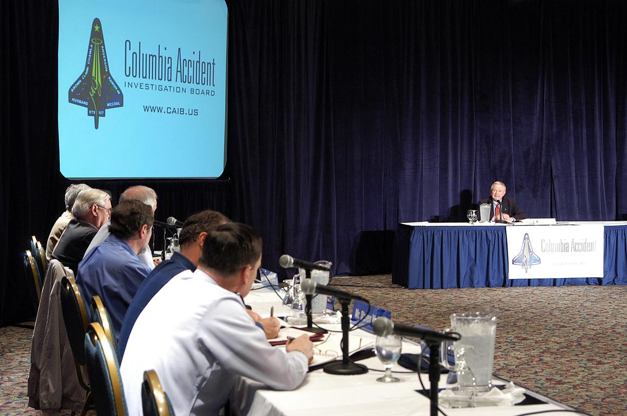 KENNEDY SPACE CENTER, FLA. -  The Columbia Accident Investigation Board (left) listens to Center Director Roy Bridges at the third public hearing of the Board, held in Cape Canaveral, Fla.  Over the course of two days, the Board's chairman, retired Navy Admiral Harold W. "Hal" Gehman Jr., and other board members would hear from experts discussing the role of the Kennedy Space Center in the Shuttle Program, Shuttle Safety and Debris Collection, Layout and Analysis and Forensic Metallurgy.