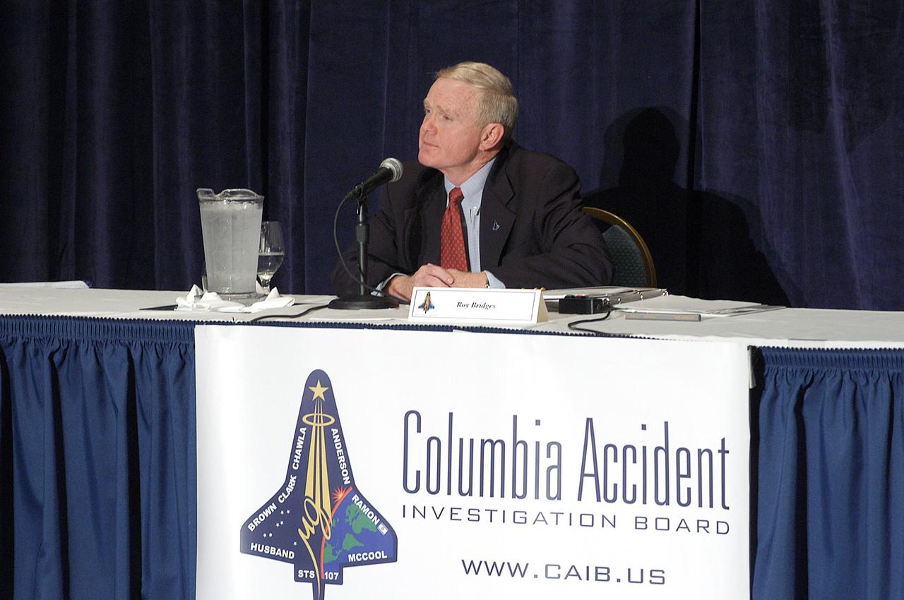 KENNEDY SPACE CENTER, FLA. -  Center Director Roy Bridges speaks at a meeting of the Columbia Accident Investigation Board in Cape Canaveral, Fla.  Over the course of two days, the Board's chairman, retired Navy Admiral Harold W. "Hal" Gehman Jr., and other board members would hear from experts discussing the role of the Kennedy Space Center in the Shuttle Program, Shuttle Safety and Debris Collection, Layout and Analysis and Forensic Metallurgy.