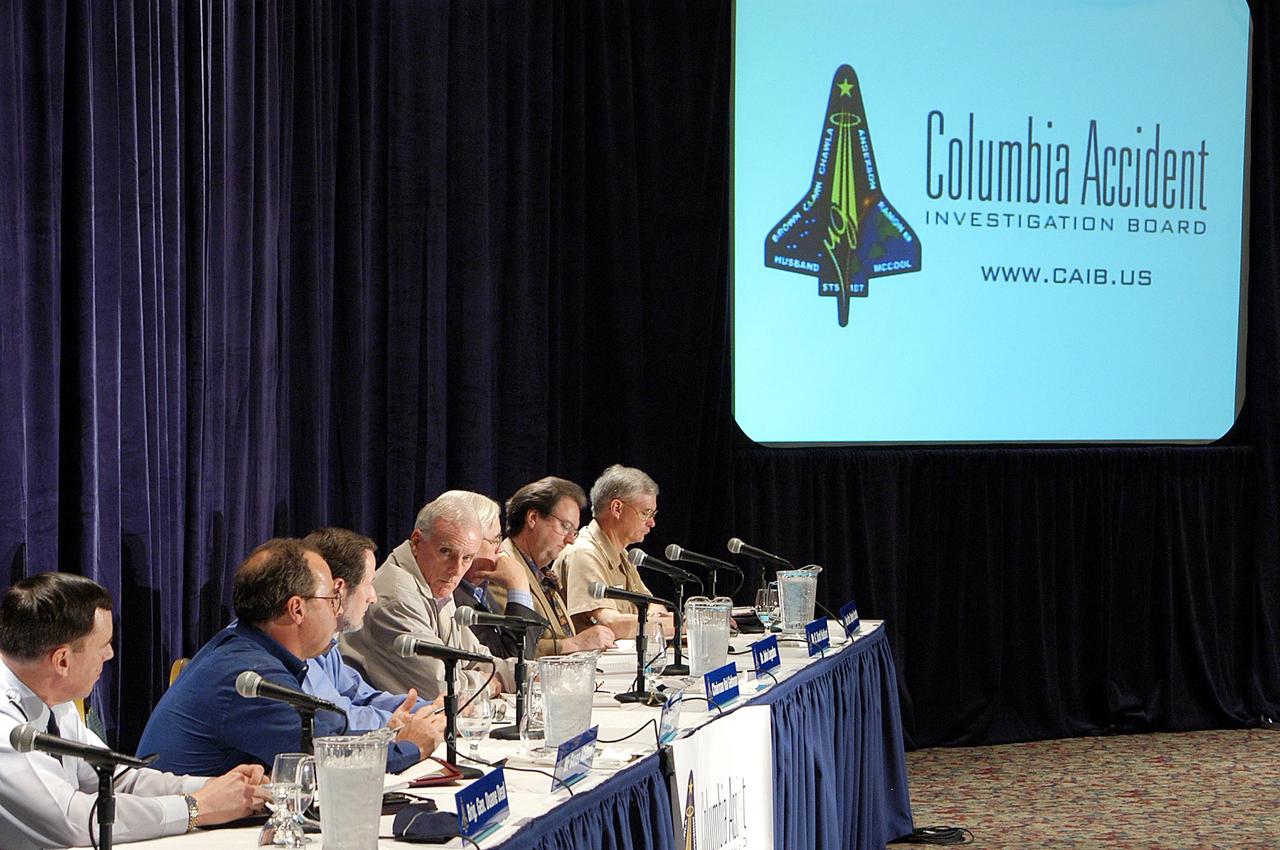 KENNEDY SPACE CENTER, FLA. - The Columbia Accident Investigation Board gathers for its third public hearing, held in Cape Canaveral, Fla. Over the course of two days, the Board's chairman, retired Navy Admiral Harold W. "Hal" Gehman Jr., and other board members would hear from experts discussing the role of the Kennedy Space Center in the Shuttle Program, Shuttle Safety and Debris Collection, Layout and Analysis and Forensic Metallurgy.